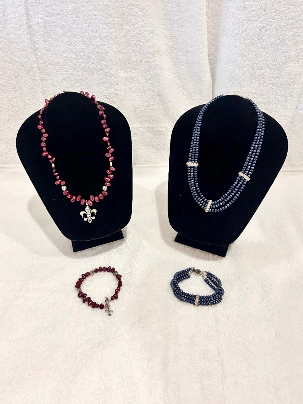 Lot of 2 Necklace and Bracelet Sets Pearl Navy Multi Strand Maroon Fleur de Lis